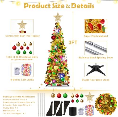 N&T NIETING Pop Up Christmas Tree with Lights & Ornaments, 3FT, Gold - Image 3