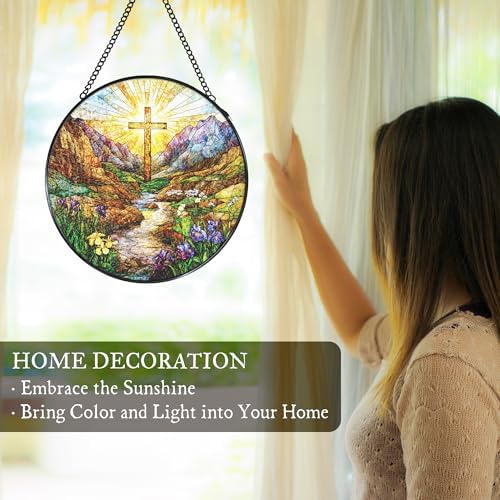 Cross Valley Wildflowers Stained Glass Window Hanging Suncatcher, Christian Sunset Sun Catcher Indoor Window Decor Gifts, Religious Painted Glass Round Wall Hanging Decorations 7.8x7.8 in - Image 3