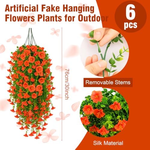 6 Pcs Artificial Hanging Flowers, 30 Inch Orange Morning Glory Vines UV Resistant Fake Hanging Plants Silk Hanging Flowers for Outdoor Fall Autumn Porch Garden Window Box Halloween Decor - Image 2