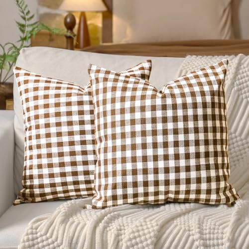 Farmhouse Brown Gingham Plaid Large Square Pillow Covers 22x22 Set of 2 - Image 3