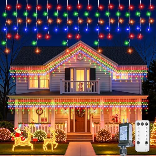 Icicle Lights Outdoor - 66 FT 736 LED Icicle Christmas Lights with 138 Drops, 8 Modes Icicle String Lights with Remote & Timer, Waterproof Fairy Lights for Roof Patio Tree House Decor, Multicolor by Brightown