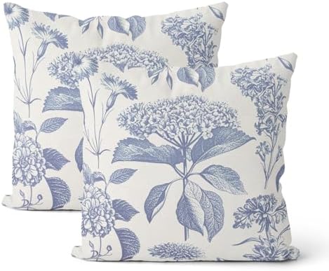 Vintage Blue Pillow Covers 18x18 Inch 2 Pcs Boho Floral Decor Throw Pillows Hydrangea Flower Seasonal Outdoor Farmhouse Neutral Accent Decoration Pillowcase Linen Cushion Cover for Couch by DAFENA