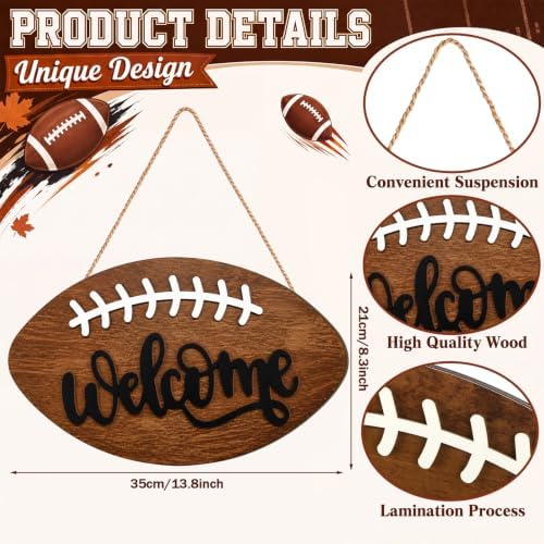 Moucuny Fall Football Door Sign, Autumn Wooden Welcome Wreath Porch Decor - Image 2