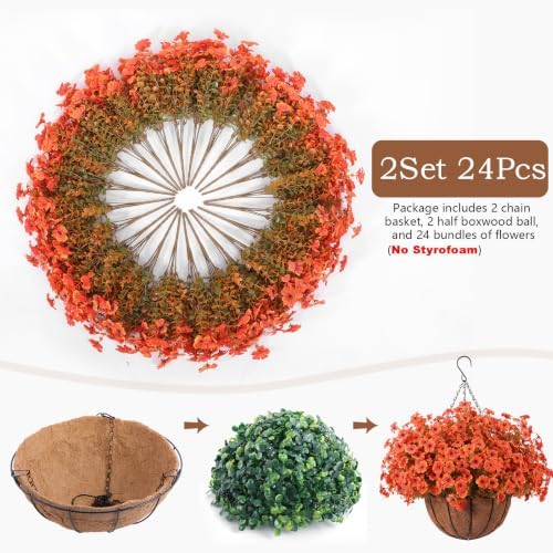 Hananona 24 Pcs Artficial Outdoor Flowers with Hanging Baskets, Orange Fall mums 2 Pack Hanging Planter with Outdoor Fall Flowers for Autumn Porch Garden and Home Patio Yard Decor (2, Orange) - Image 4