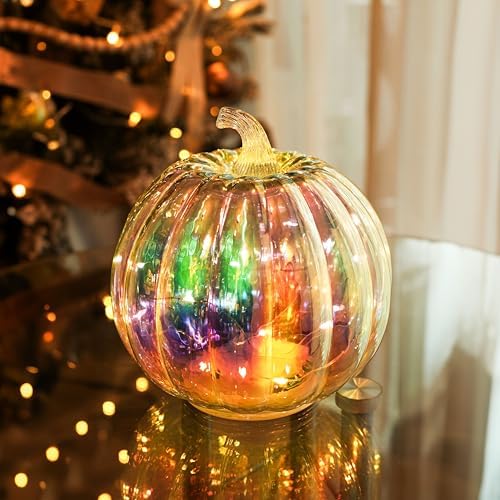 Colorful Mercury Glass Pumpkin with Built-in LED Light - Enhance Your Fall Decor with Magical Glow-Perfect Harvest Festival Decorations and Gift by HvFun