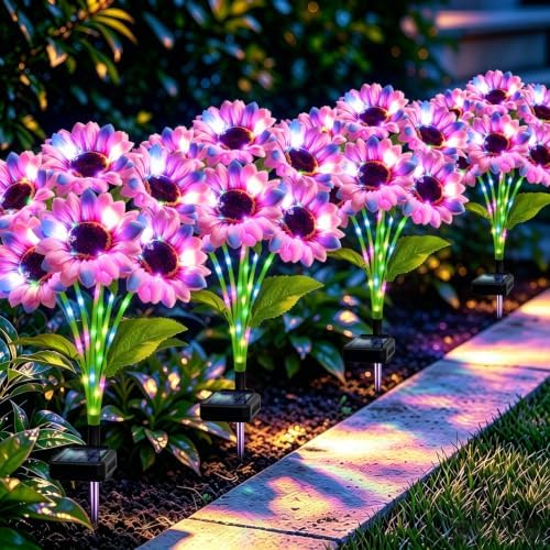 Solar Garden Lights Outdoor, 4 Pack Solar Multicolor Sunflower Lights with 18 Head 3.5 Inch Flowers, Waterproof Flowers Light Fall Decor Auto ON/Off for Garden Yard Patio, Gifts for Mom Women by MRHEPHAESTUS