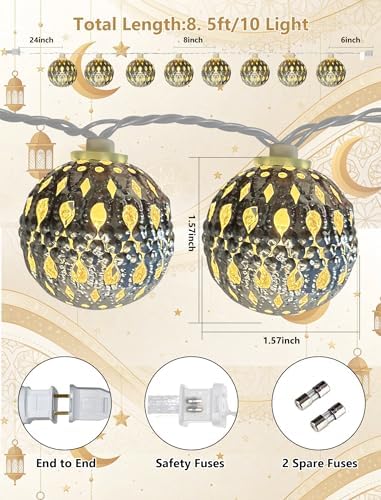 8.5Ft Moroccan Decorative String Lights, 10 LED Warm White Boho Globe Decor - Image 2