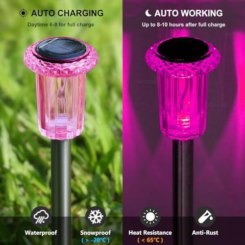 10 Pack Solar Lights Outdoor Waterproof LED Pink Pathway Lighting - Image 3