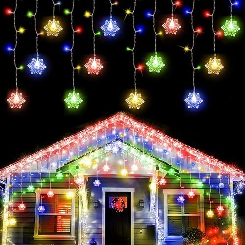 weillsnow 360 LED Icicle Christmas Lights with Snowflake, 29.5ft 72 Drops Connectable 8 Modes Waterproof Icicle Light Outdoor for Curtain, Eaves, Window, Christmas Decorations (Multi-Colored) by weillsnow