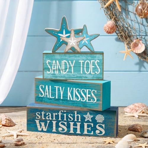 Yuntau 4 Pcs Summer Coastal Table Decorations Rustic Wooden Block Sign - Image 6