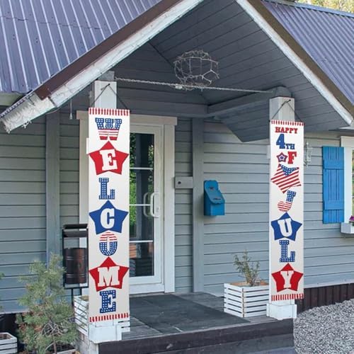 doginthehole 2 Pcs 4th of July Door Banners for Outside Welcome Porch Sign Home Decorations Memorial Day Banner Decorations Patriotic Independence Day Hanging Banner for Party Door Outdoor - Image 4