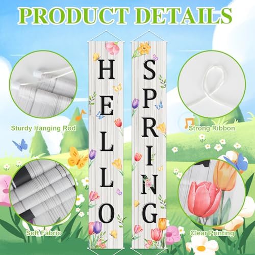 Hello Spring Banner Decorations Set of 2, 11.8" x 71" Spring Floral Porch Banners, Hello Spring Sign Decorations for Front Door Porch Wall Yard Party Supplies Indoor Outdoor Decoration (White) - Image 4