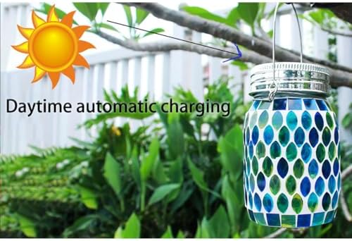 Solar Mosaic 2pack Outdoor Waterproof Cool Blue Mosaic jar Decor Christmas Gifts for Women Mom Grandma Halloween Hanging Solar Lights Decoration Outside for Yard, Patio,Backyard,Porch (Contemporary) - Image 2