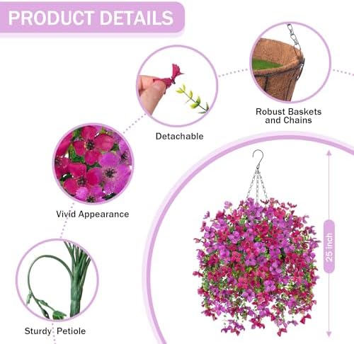 INXUGAO Artificial Hanging Flowers Plants with Basket for Outdoors, Realistic Faux Silk Daisy Flower Eucalyptus for Spring Decor, UV Resistant Fake Plants for Porch Patio Yard Balcony, Purple Violet - Image 3