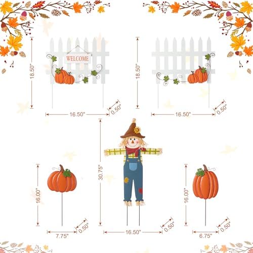 Glitzhome Fall Decorations for Outdoor, 30.75" H Metal Scarecrow,Pumpkin & Fence Thanksgiving Yard Stakes, Outdoor Fall Garden Stakes for Patio Pathway Autumn Harvest Outside Decoration,Set of 5 - Image 2
