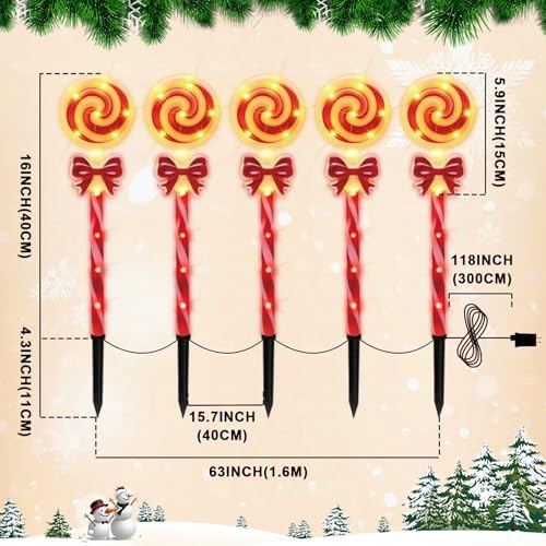 LAMPHOME Christmas Lollipop Pathway Lights，5PCS Decorations Outdoor Yard, Pathway Marker Stake Lights for Patio Ground Path Sidewalk Walkway Driveway - Image 3