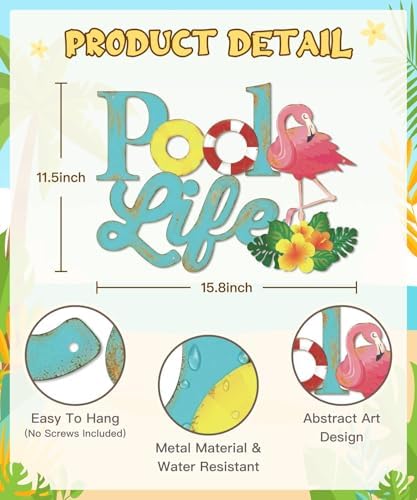 Putuo Decor Pool Life Metal Wall Art Decor, Coastal Metal Wall Art, Tropical Outdoor Decor Flamingo & Hibiscus Flower Design Swimming Pool Sign for Summer Beach Patio Poolside Bathroom Boat Decoration - Image 2