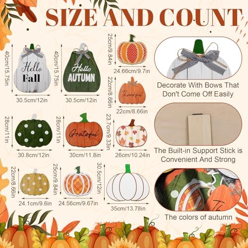 Yookeer 10 Pcs Fall Porch Decor Pumpkin Yard Signs Wooden, Novel Style - Image 2
