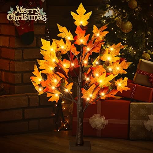 2Pack Fall Lighted Maple Tree - 2FT 36 LED Thanksgiving Decor Artificial Fall Lights, Battery Operated Tabletop Lamp with 6 Acorns, 6-Hours Timer, for Wedding Party Indoor Outdoor Autumn Decor… - Image 5
