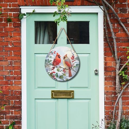 Harooni Winter Welcome Sign for Front Door, Cardinal Bird Wood Door Hanger for Outdoor Outside Porch, Christmas Cardinal Round Hanging Signs Holiday Decorations for Home Wall Porch Yard Farmhouse - Image 6