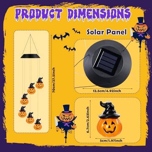 GlikCeil Halloween Solar Wind Chimes 27.5Inch Halloween Decorations Outside Waterproof Hanging LED for Yard, Porch, Patio, Party, Color Changing Lights(Pumpkin) - Image 2