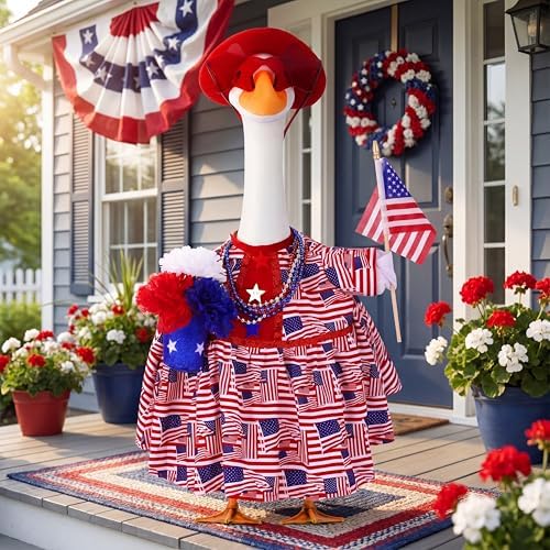 Abbylike 4th of July Porch Goose Outfit Fit 23" Plastic & Cement Statue American Flag Goose Skirt Clothes for Patriotic 250th Anniversary Independence Day Outdoor Garden Yard Patio Lawn Decor - Image 2