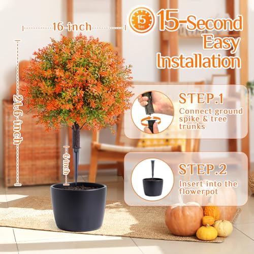 PATIO CHOICE Fall Decor Outdoor Set of 2, Artificial Urn Filler 22in Fall Topiary Ball Tree with Ground Spike Fake Plants Fall Indoor Outdoor Decorations for Front Porch, Porch, Home, Garden,Yard - Image 3