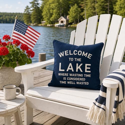 PANDICORN 18x18 Inch Throw Pillow Cover, Welcome to the Lake, Navy Blue - Image 6