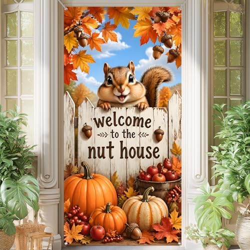 Fall Door Cover Halloween Thanksgiving Decor 35.4x70.8in, Welcome to The Nut House Squirrel Front Door Banner, Autumn Pumpkin Acorn Porch Sign for Outdoor Home Yard Decorations by AOHMPT