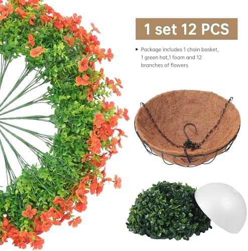 Artificial Fake Hanging Plants Flowers Basket Outdoors Summer Autumn Decor, Hanging Planter with Faux Silk Daisy Flowers Realistic UV Resistant for Outside Home Porch Front Patio Balcony Garden Orange - Image 5