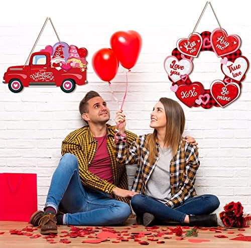 2 Pcs Happy Valentine's Day Signs Wreath Heart Hanging Wooden Door Sign Truck Gnome Valentine's Day Wall Decor for Home Wedding Anniversary Party, 2 Styles - Image 4