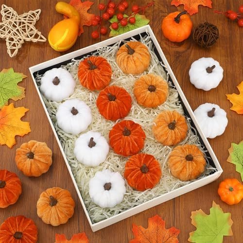 18 Pcs Fall Artificial Velvet Pumpkins Fake Fabric Pumpkin Faux Foam Pumpkins Orange Yellow White Artificial Pumpkin Decorations for Fall Harvest Thanksgiving Halloween Farmhouse Table Centerpiece - Image 4
