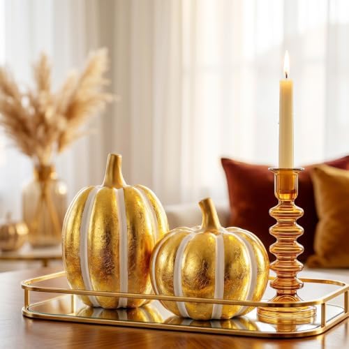 Gold and White Pumpkin Decor, Resin Pumpkin Figurines for Fall Decorations - Image 5