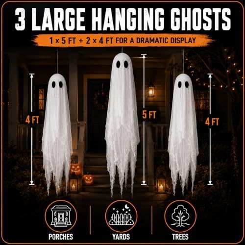 3 Packs Halloween Decorations Outdoor - Hanging Ghost Decor for Porch Yard - Image 5