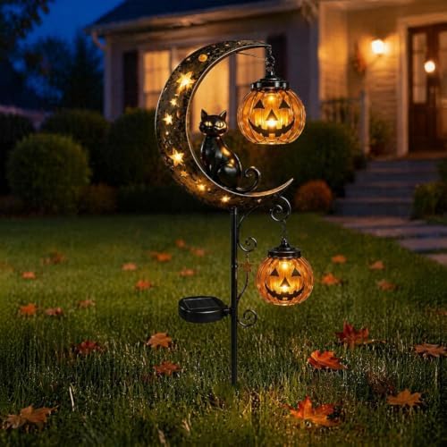 Solar Halloween Black Cat & Pumpkin Moon Garden Stake Light, Outdoor Waterproof LED Yard Decoration with Crescent Moon, Hanging Jack-o'-Lantern Lantern for Patio Lawn Path Yard (B #) - Image 3