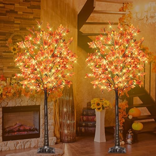 2 Pack 5FT 90LED Lighted Maple Tree - Thanksgiving Decor Artificial Tree with 9 Acorns 180 Leaves, Remote 8 Flashing Modes, Timing, Fall Tree for Outdoor Wedding Party Autumn Decor - Image 7