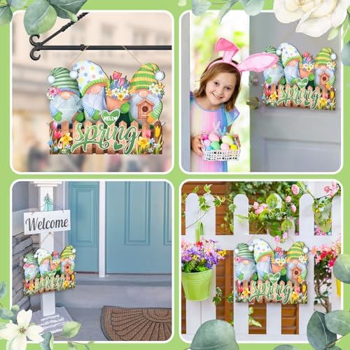 Barydat Spring Door Sign Tulip Gnome Wreath for Front Door Wreath Truck Gnome Welcome Hanger Wooded Hanging Wall Sign for Home Summer(Gnome) - Image 6
