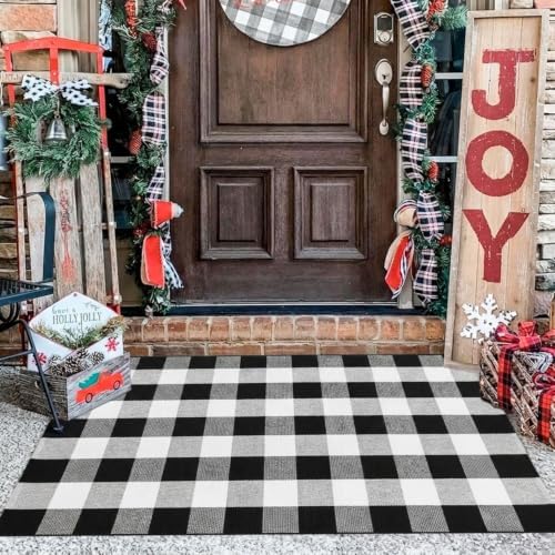 Fall Decor Buffalo Plaid Outdoor Rug 3x5 Ft Black and White Checkered Area Rug Washable Doormats Indoor Outdoor Rugs for Layered Front Door Mats, Porch, Entryway, Kitchen, Farmhouse - Image 4