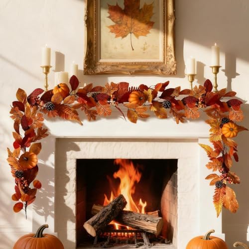 2 Pcs 6Ft Fall Garland with Lights Fall Decorations for Home, Fake Pumpkin Berry Autumn Maple Leaves Garland for Mantle Halloween Thanksgiving Harvest Party Fireplace, Fall Decor Porch Vines - Image 4