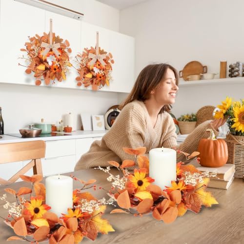 4 Pcs Fall Floral Wreaths Autumn Harvest Sunflowers Pumpkins Leaves Berries Hanging Candle Rings Mini Thanksgiving Table Centerpiece Wreath for Pillar Cabinets Farmhouse Decoration - Image 6