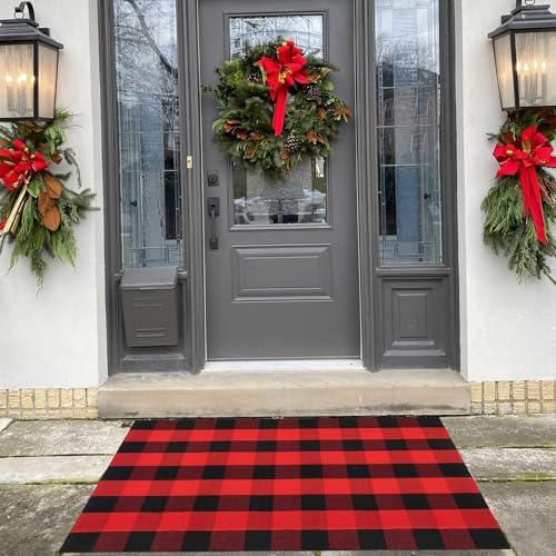 Christmas Door Mat Outdoor 35.4''x59'' Buffalo Plaid Christmas Decor Rug Cotton Hand-Woven Layered Door Mats Washable Carpet for Front Porch, Kitchen, Farmhouse, Entryway - Image 5
