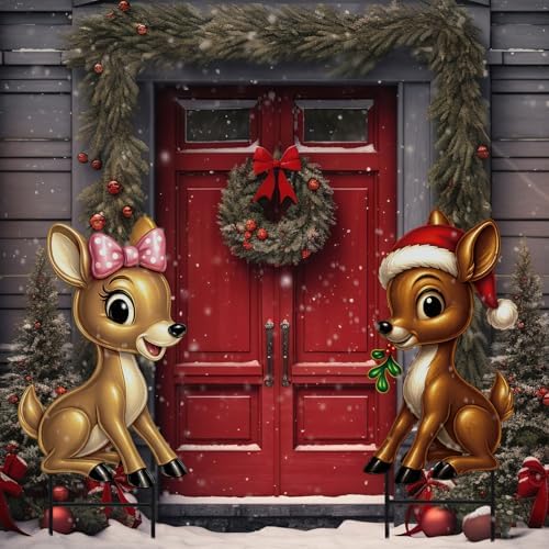 Moxweyeni 2 Pcs Outdoor Reindeer Christmas Decoration Cute Deer Sign Large Metal Reindeer Yard Sign with Stakes Christmas Farmhouse Deer Figurines for Lawn Garden Holiday Display by Moxweyeni