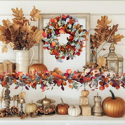 70 Inch Fall Orange Eucalyptus Maple Leaves Garland with White Berries Wreath Garland for Front Door, Autumn Leaves Home Decor Garlands for Indoor Outdoor, Rustic Farmhouse Fall Leaves Garlands - Image 4