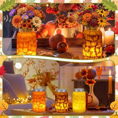 Qinyoung 12 Pcs Fall Crafts Thanksgiving Mason Jar with LED Candle Light - Image 4