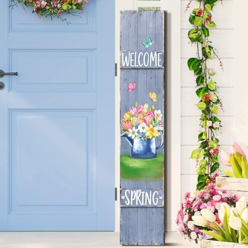 47" Spring Porch Sign Wooden Flower Butterfly Sign for Front Porch Spring Vertical Welcome Wood Signs for Front Standing Vertical Rustic Patio Door Decor for Farmhouse Door Home Entryway by Chitidr