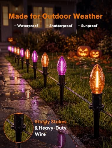 Halloween Pathway Lights Outdoor, 19.5Ft Orange Purple Halloween String Lights with 10 C9 LED Bulbs and Stakes, Connectable Outdoor Waterproof Marker Stake Lights for Halloweens Path Yard Lawn, Garden - Image 4
