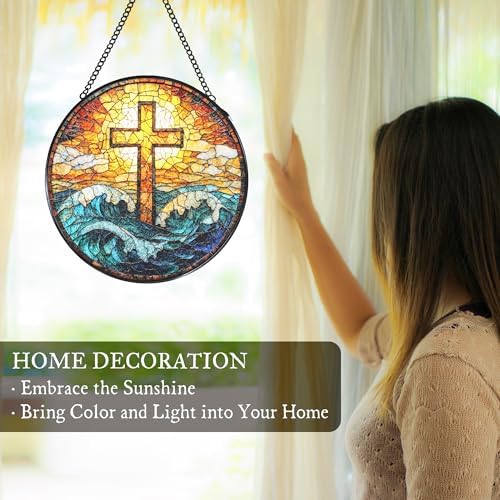 Coastal Beach Cross Stained Glass Window Hanging Suncatcher, Christian Ocean Wave Sun Catcher Indoor Window Decor Gifts, Religious Painted Glass Round Wall Hanging Decorations 7.8x7.8 in - Image 3