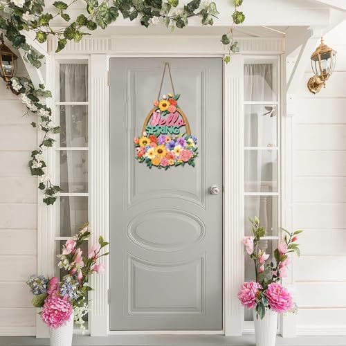 Wooden Spring Front Door Sign Hollow Flower Basket Welcome Sign Spring Decorations for Home Colorful Hanging Door Decor for Front Porch Wall Party Easter Outdoor Indoor - Image 4