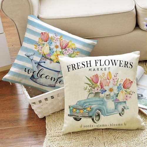 Spring Outdoor Throw Pillow Covers 18x18 Set of 4 Porch Decorative Cushion Cases Floral Farmhouse Flowers Decoration Home Decor for Sofa Couch Bed,Tulips Blue - Image 3