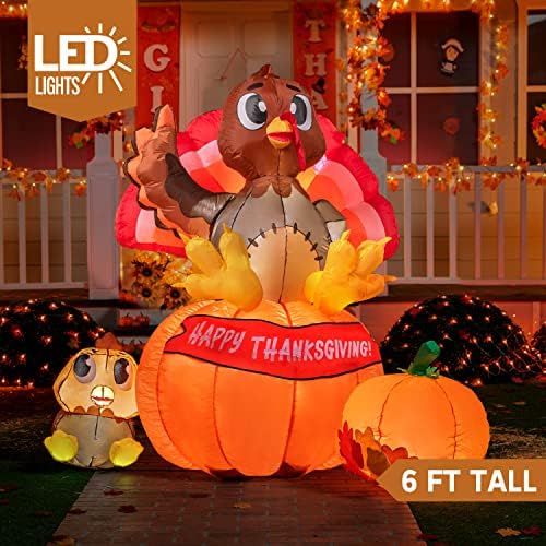 Joiedomi 6 ft Thanksgiving Inflatable Turkey on Pumpkin Decoration, LED Light Up Blow Up Turkey for Autumn Thanksgiving Family Party Décor, Halloween Inflatable for Yard Garden - Image 2
